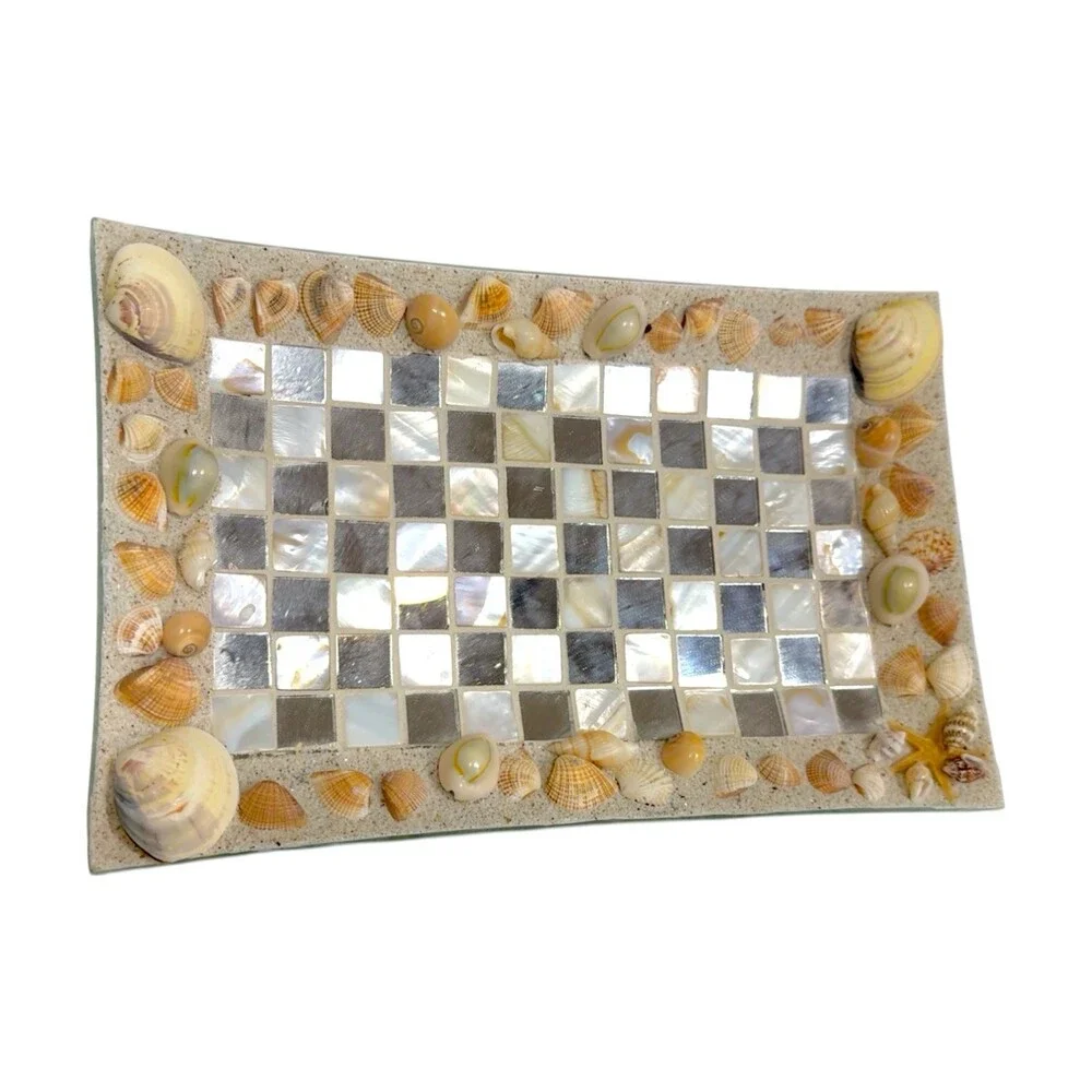 Vintage Seashell Mother of Pearl Mosaic Mirror Glass Tray Coastal Vanity Trinket